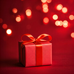 red gift box with red ribbon on sparkling background