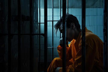 Vibrant Color Image of Sad Man Lonely in Dark Prison Cell