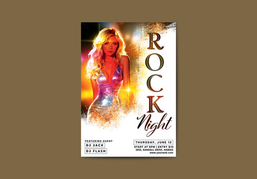Rock Night Party Invitation Card with Blonde Woman in Sequin Dress on Abstract Background.