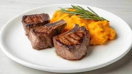 smoked lamb chops with a rosemary glaze, plated with roasted garlic and mashed sweet potatoes