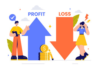 Profit and Loss Vector Illustration Featuring Investment Gains, Earnings, Money Loss, and a Businessman Investor Balancing on a Seesaw with an Arrow