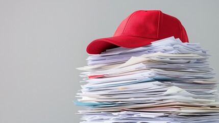 Red baseball cap on a tall stack of documents with a neutral background, concept of bureaucracy and workload, office culture