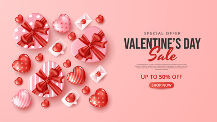 Valentine's day sale banner template with heart gift, envelope and heart elements. Vector Illustration