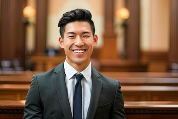 Smiling Asian Male Lawyer Wearing a Business Suit in a Courthouse Background