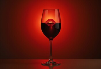 A glass of red wine with a vivid lipstick mark on the glass, soft candlelight a romantic dinner