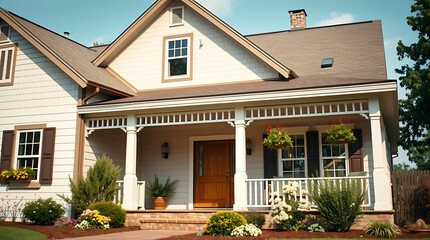 Fototapeta premium Two-Story House with Porch and Landscaping