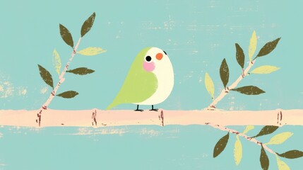 Bird watercolor concept. Whimsical Birdie Resting on Bamboo Branch in Vibrant Nature Scene