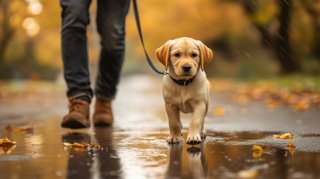 Peaceful Walk with a Golden Labrado in Autumn Foliage