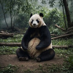 Obraz premium A panda sitting cross-legged like meditating.