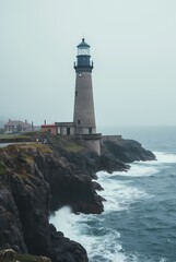 An old lighthouse on the coast, waves crashing against its base