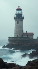 An old lighthouse on the coast, waves crashing against its base