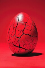 Cracked Red Egg Against Bold Red Background: Symbolism and Mystery in Modern Photography