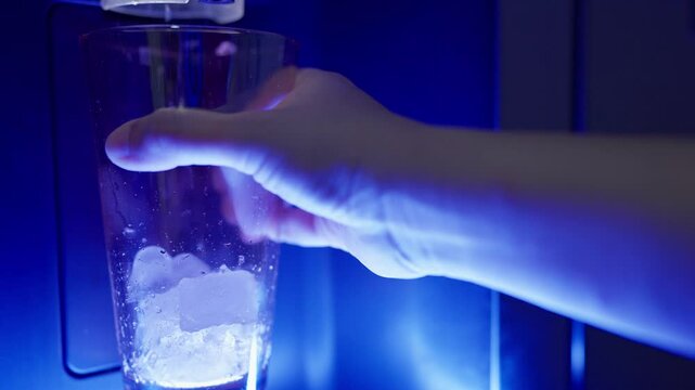 Close up a woman hand pressing the button on an automatic ice dispenser in a refrigerator, Freezer automatic ice maker