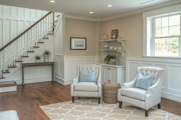 Cozy living room with traditional design featuring cream walls, tan accent wall, and light blue accents. Open concept layout near staircase.