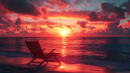 A cozy lounge chair in silhouette, set against a breathtaking sunset with fiery orange and pink tones filling the sky, the ocean softly shimmering in the warm glow, peaceful beach atmosphere,