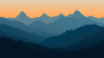 Fototapeta premium Sunset mountain range silhouette, forest foreground, peaceful landscape, nature background, travel poster.