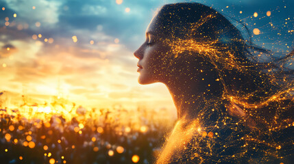 Glowing profile with particle effects at sunset. Perfect for inspiration and spiritual awakening concepts.