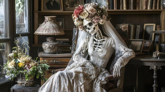 Victorian Style Skeleton Bride in Delicate Floral Arrangement