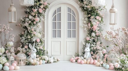 Pastel Easter Wonderland:Floral Archway with Bunnies and Eggs