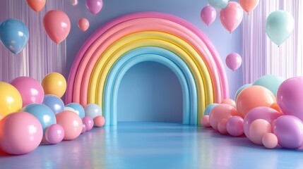 Playful and Elegant 3D Pastel Rainbow Arch with Colorful Balloons