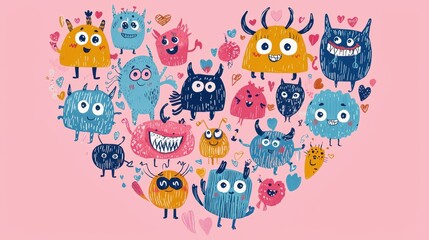 Fototapeta premium Colorful Cartoon Monsters in a Heart-Shaped Illustration for Fun