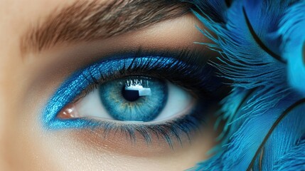 Fototapeta premium Vivid Blue Eye with Artistic Makeup and Feather Details - A Captivating Close-Up Shot