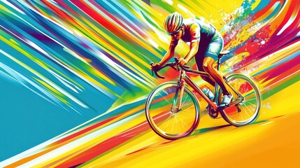 Fototapeta premium Vivid Cycling Adventure: Energetic Cyclist Against Colorful Streaks in Dynamic Art