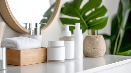 A set of skincare products for combination skin, including balancing toners and lightweight moisturizers, displayed on a clean vanity