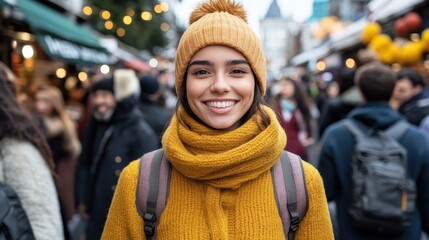 Obraz premium Young Woman in Stylish Outfit Smiling Warmly in Winter Setting