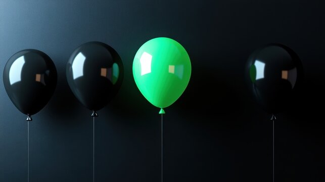 Green Balloon Amidst Black Balloons Against Dark Background, striking color contrast, floating arrangement, reflective surfaces