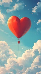 Fototapeta premium Romantic Heart Shaped Hot Air Balloon Floating in the Soft Blue Sky with Scattered Clouds