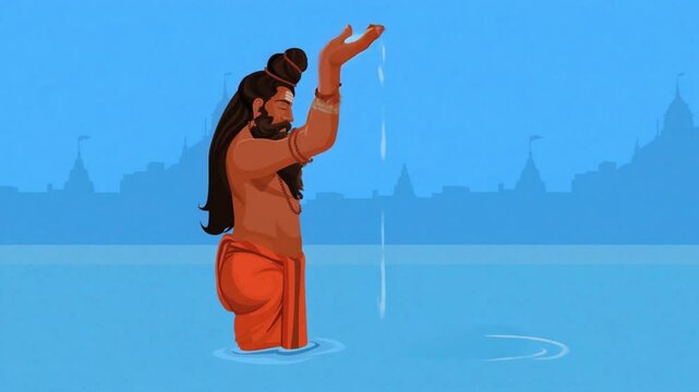 sadhu praying in a holy river, holding water in his hands and gracefully moving them from downward to upward