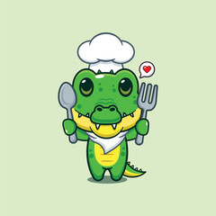 chef crocodile mascot cartoon character holding spoon and fork