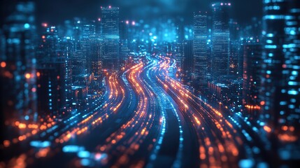 Fototapeta premium Aerial view of smart city with highspeed internet data streams
