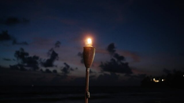 Tiki torches held by tiki gods liningTropical Bamboo Torch Burning in the Beach at Summer Evening. Decorative Candle Has a Massive Orange Flame Using Oil Fuel or Kerosene - Slow Motion. CloseUp 