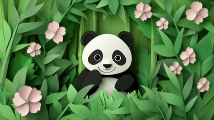 Fototapeta premium Adorable Panda in Bamboo Forest Surrounded by Vibrant Greenery