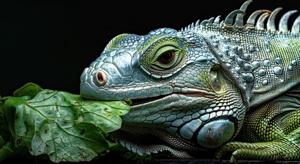Fototapeta premium Green iguana eating greens, close-up studio shot, dark background, reptile diet.