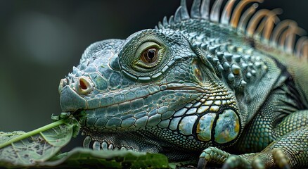 Fototapeta premium Green iguana eating leaves, close-up portrait, blurred background, nature wildlife.