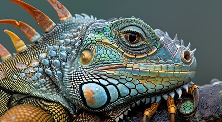 Fototapeta premium Vibrant Green Iguana Close-up, Rainforest Habitat. Nature documentary use.