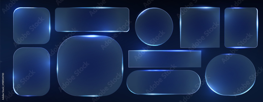 Wall mural neon glass frame collection with luminescent geometric elements - blue translucent shapes with radia