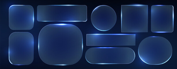 Neon glass frame collection with luminescent geometric elements - blue translucent shapes with radiant borders on dark backdrop. Various rectangle, circle and rounded designs with glowing edges.