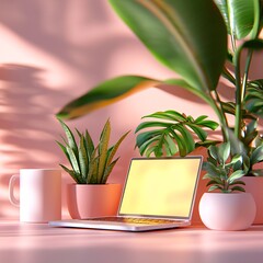 Desk laptop stylish aesthetic concept. A modern workspace featuring a laptop surrounded by vibrant green plants on a soft pink background.