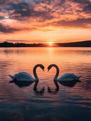 Naklejka premium Swans Forming Heart Shaped Silhouette at Serene Sunset Lake