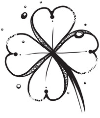 Four-leaf clover of luck. Black and white line drawing of a four-leaf clover, a rare symbol of good luck
