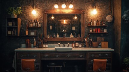 A vintage-style bathroom with a wooden vanity, shelf-filled bottles, and warm lighting, creating a rustic and inviting atmosphere.