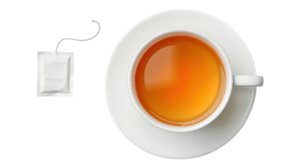 Warm tea steeping gently in a porcelain cup beside a tea bag transparent background