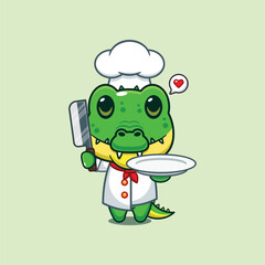 chef crocodile mascot cartoon character with knife and plate