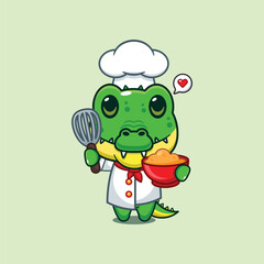 chef crocodile mascot cartoon character with cake dough