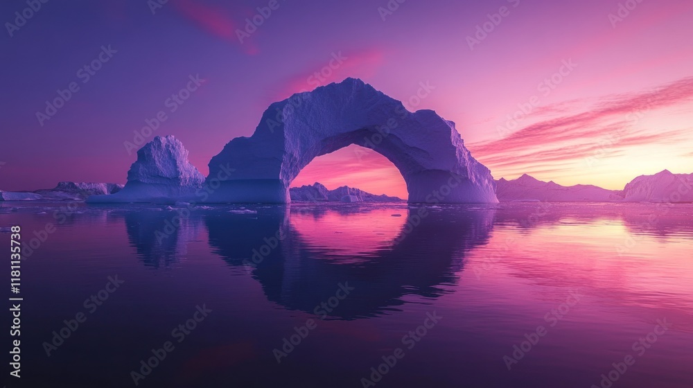 Sticker Majestic ice arch at sunset over calm arctic waters.