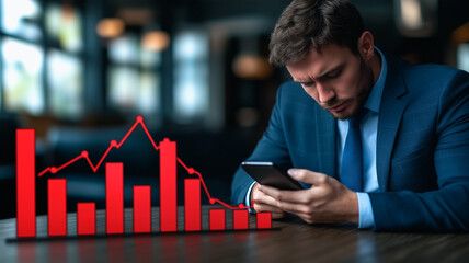 Businessman Worried About Market Trends: A concerned businessman checks his phone,  a digital overlay of a red, downward-trending chart reveals the weight of the market's decline.